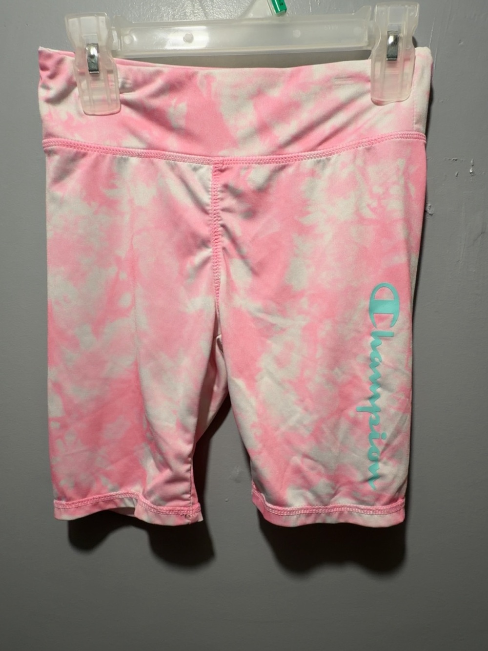 Champion Pink and White Tie-Dye Bike Shorts with Turquoise Logo